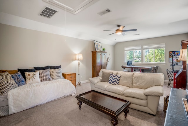 carpeted bedroom featuring ceiling fan