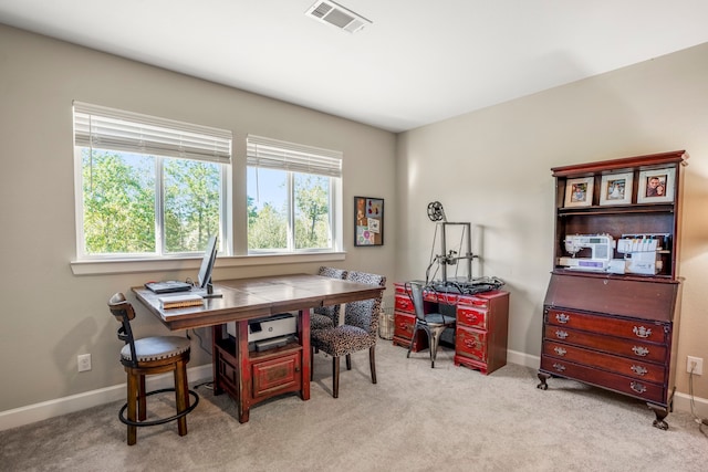 home office with light colored carpet