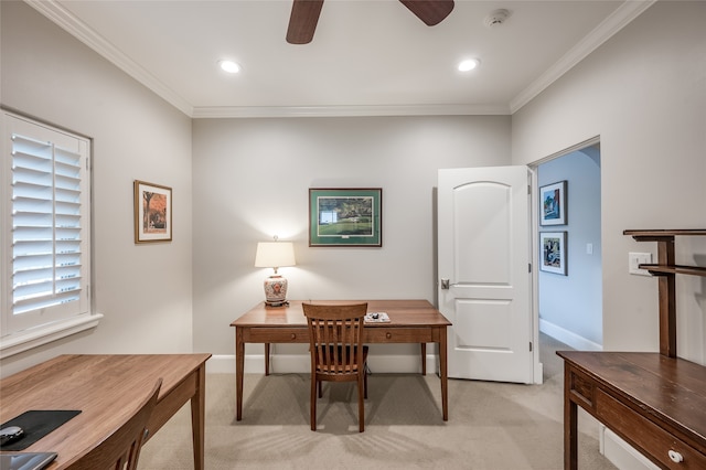 carpeted office space featuring crown molding and ceiling fan