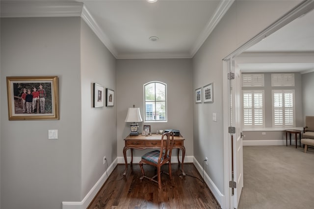 office area featuring hardwood / wood-style floors and crown molding