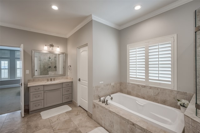 bathroom with tile patterned flooring, vanity, ornamental molding, and independent shower and bath