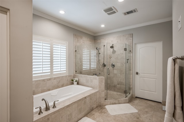 bathroom with tile patterned flooring, independent shower and bath, and ornamental molding