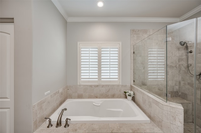 bathroom with plus walk in shower and crown molding