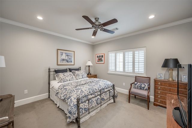 bedroom with light colored carpet, ceiling fan, and ornamental molding