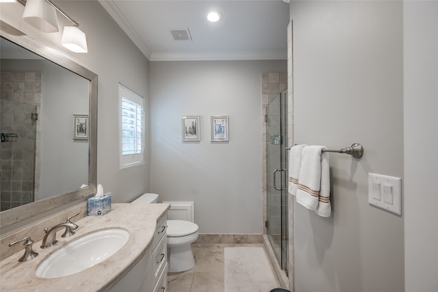 bathroom with tile patterned floors, vanity, ornamental molding, and a shower with door