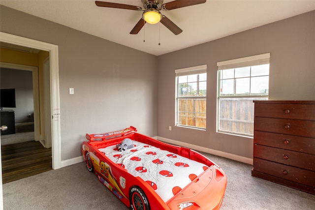 bedroom featuring carpet flooring and ceiling fan