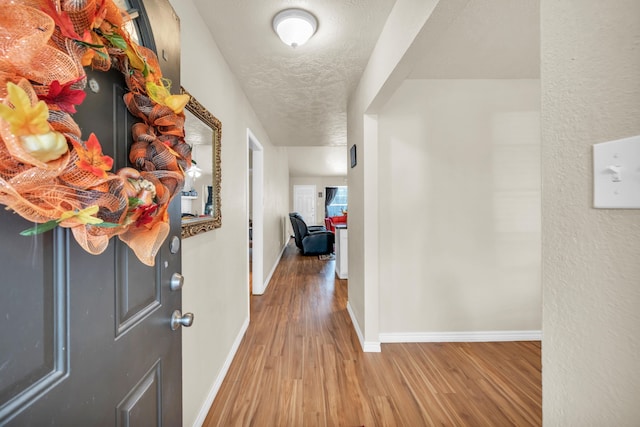 hall featuring wood-type flooring and a textured ceiling