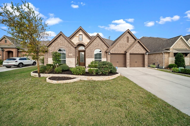 french provincial home with a front yard and a garage