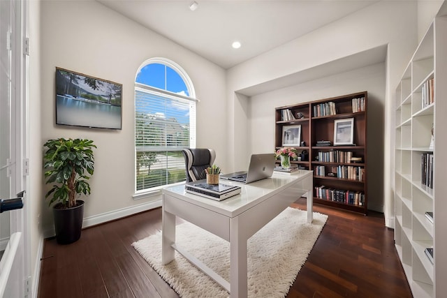 home office featuring a wealth of natural light and dark hardwood / wood-style floors