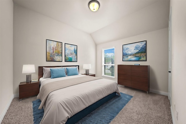 carpeted bedroom with lofted ceiling