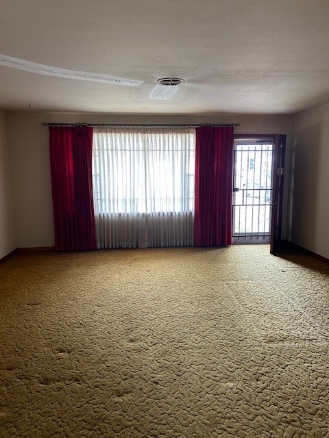 empty room with carpet flooring and a textured ceiling