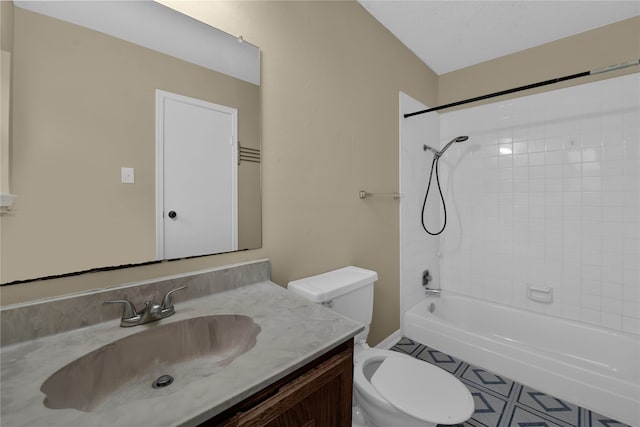 full bathroom featuring vanity, tiled shower / bath combo, and toilet