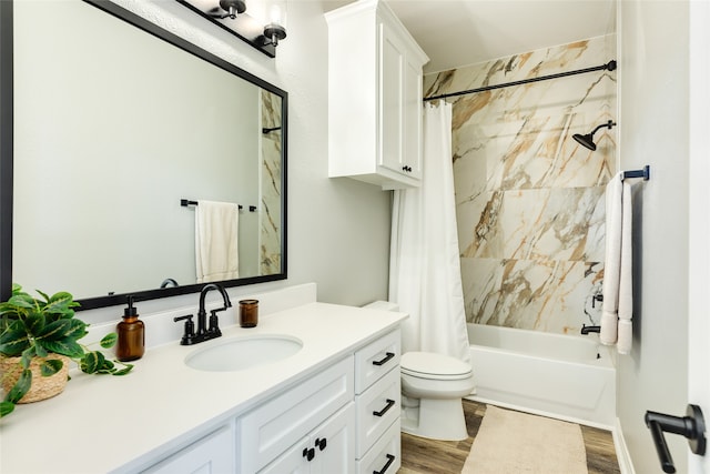 full bathroom with shower / bath combination with curtain, vanity, hardwood / wood-style flooring, and toilet