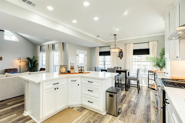 kitchen featuring plenty of natural light, white cabinetry, and high end stove