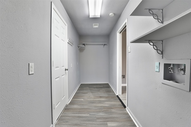 walk in closet with light hardwood / wood-style flooring