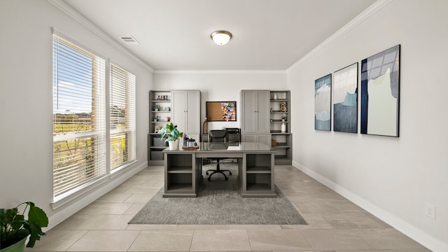 tiled office space with a wealth of natural light and crown molding