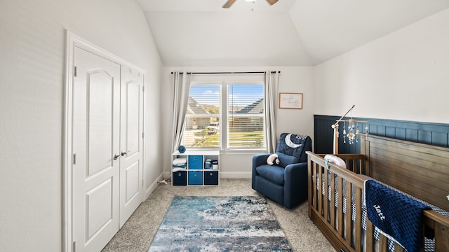 bedroom featuring carpet flooring, ceiling fan, and lofted ceiling