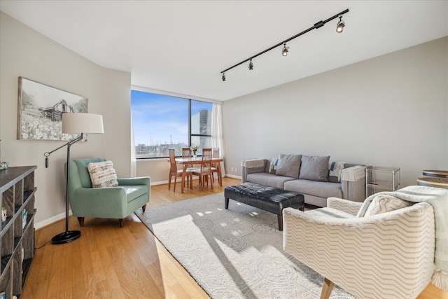 living room featuring hardwood / wood-style flooring and rail lighting