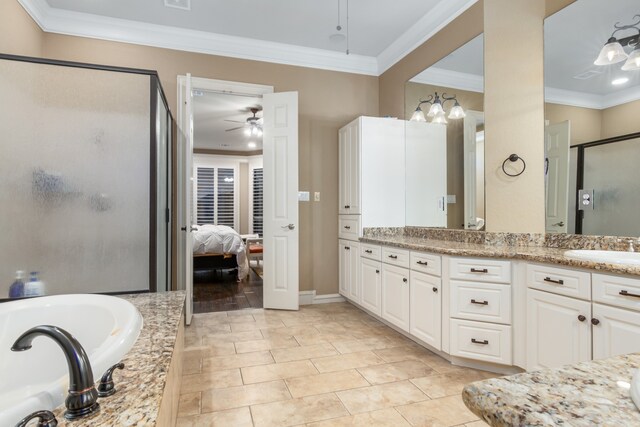 bathroom with tile patterned floors, ornamental molding, vanity, ceiling fan, and plus walk in shower