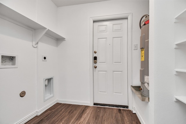 clothes washing area featuring electric dryer hookup, hookup for a washing machine, and dark hardwood / wood-style flooring