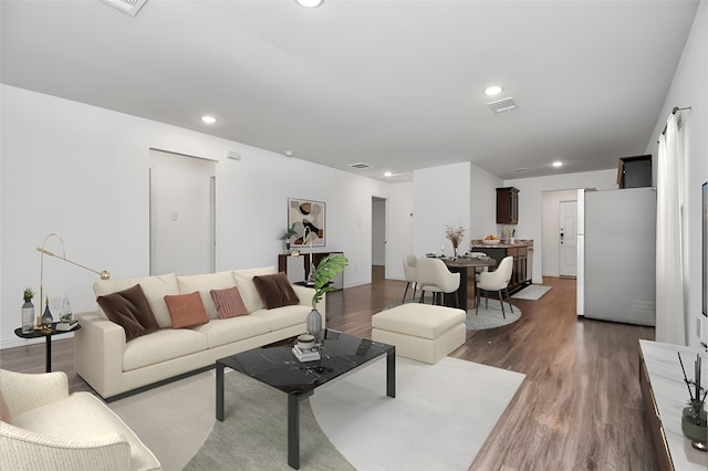 living room featuring dark wood-type flooring