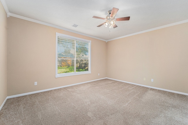 unfurnished room featuring crown molding, carpet floors, a textured ceiling, and ceiling fan