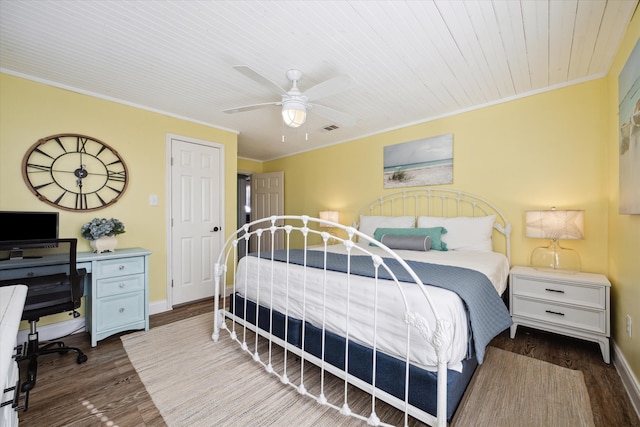 bedroom featuring hardwood / wood-style flooring, ceiling fan, ornamental molding, and wood ceiling