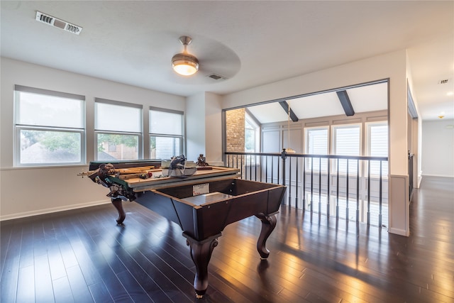 playroom featuring ceiling fan, dark hardwood / wood-style flooring, and lofted ceiling with beams