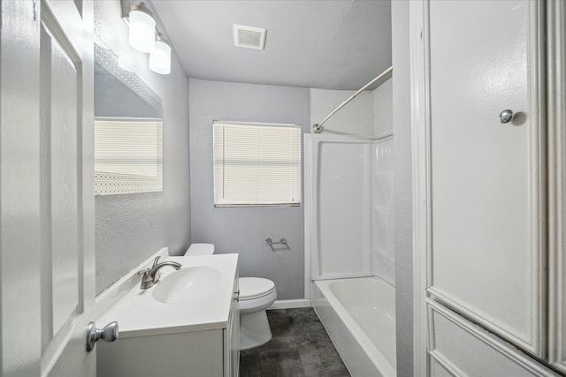 full bathroom with shower / bathing tub combination, vanity, and toilet