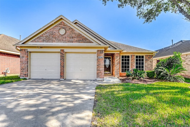 single story home with a garage and a front yard