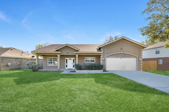 single story home featuring a garage and a front yard