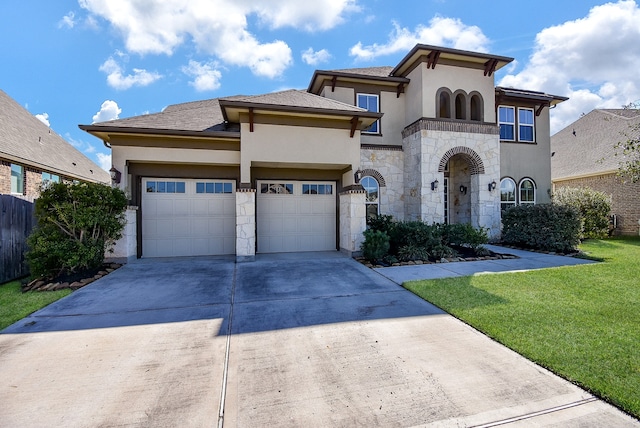 view of front of property with a front yard and a garage