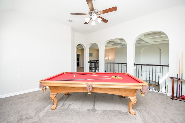 game room with ceiling fan, beam ceiling, carpet floors, and pool table