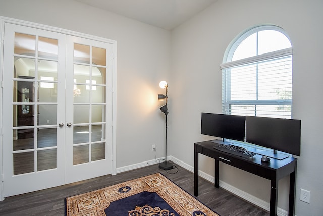 home office featuring dark wood-type flooring and french doors