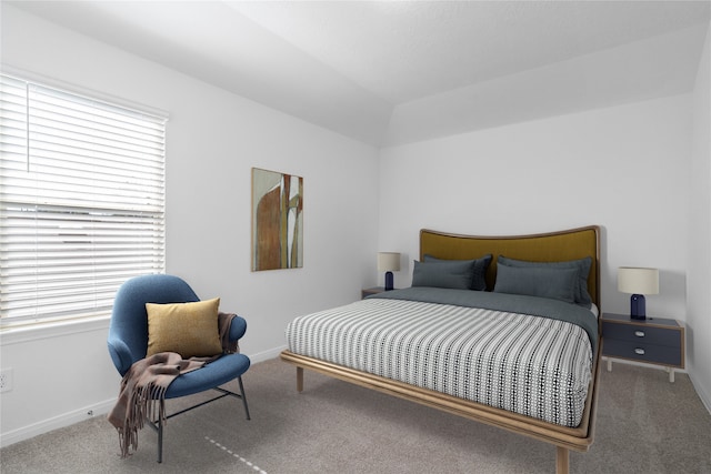 bedroom featuring carpet flooring and vaulted ceiling