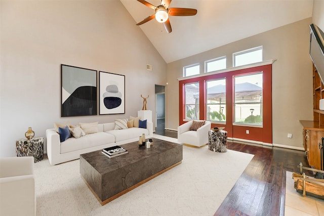 living room featuring ceiling fan, wood-type flooring, and high vaulted ceiling