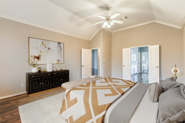 bedroom featuring hardwood / wood-style floors, ceiling fan, lofted ceiling, and ornamental molding