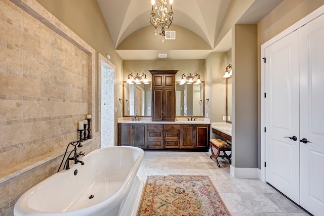 bathroom with a tub to relax in, tile walls, vanity, and lofted ceiling