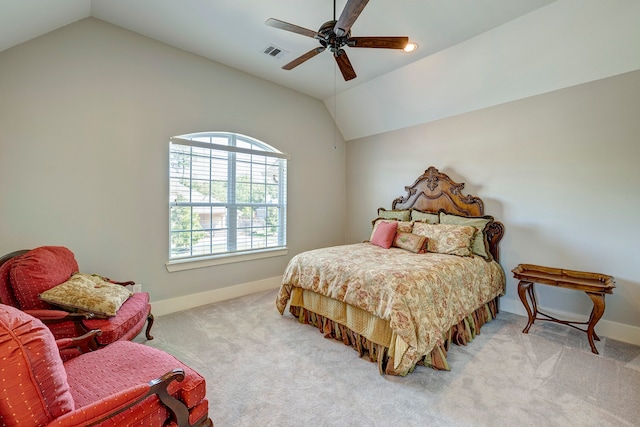 bedroom featuring light carpet, ceiling fan, and lofted ceiling