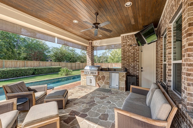 view of patio / terrace with ceiling fan, sink, an outdoor kitchen, grilling area, and a fenced in pool