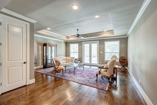 living room with a raised ceiling, dark hardwood / wood-style flooring, french doors, and plenty of natural light