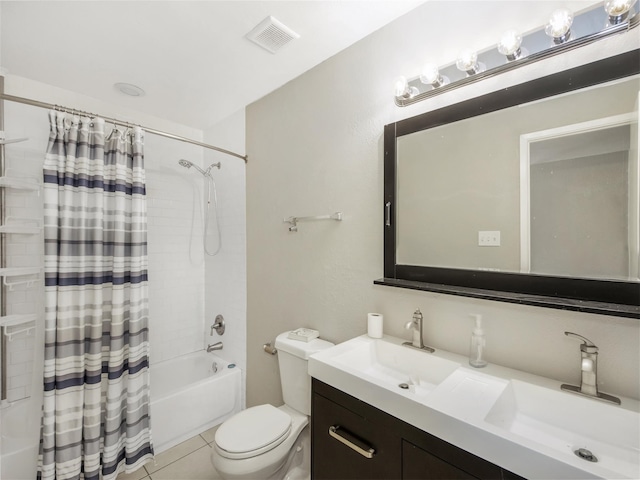 full bathroom featuring tile patterned flooring, vanity, toilet, and shower / tub combo with curtain