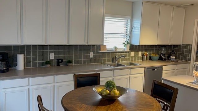 kitchen featuring white cabinets, decorative backsplash, stainless steel dishwasher, and sink