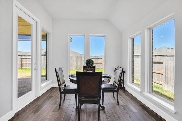 dining room featuring lofted ceiling, dark hardwood / wood-style flooring, and a healthy amount of sunlight