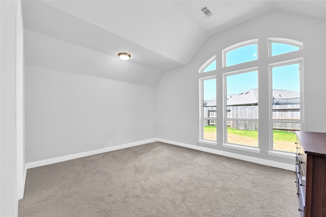 bonus room with light carpet and lofted ceiling