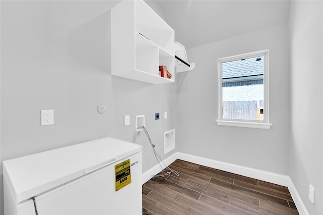 laundry area with hookup for an electric dryer, washer hookup, and dark hardwood / wood-style floors