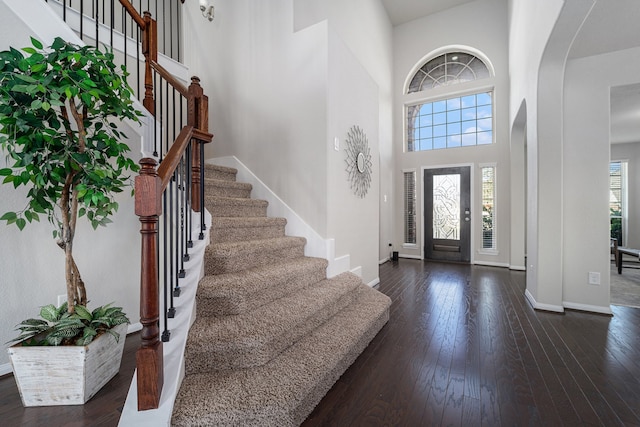 foyer entrance featuring a high ceiling and dark hardwood / wood-style floors