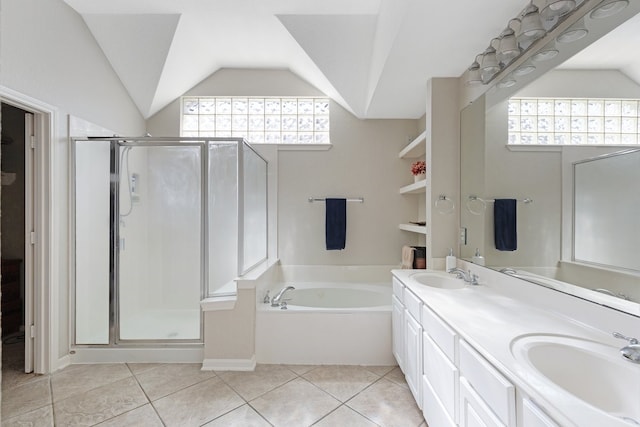 bathroom featuring tile patterned floors, vanity, lofted ceiling, and plus walk in shower