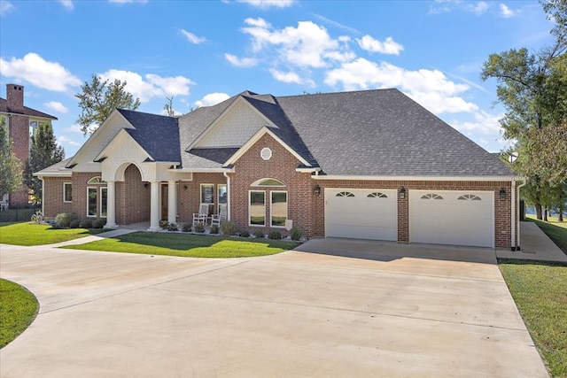 view of front of home with a garage and a front lawn