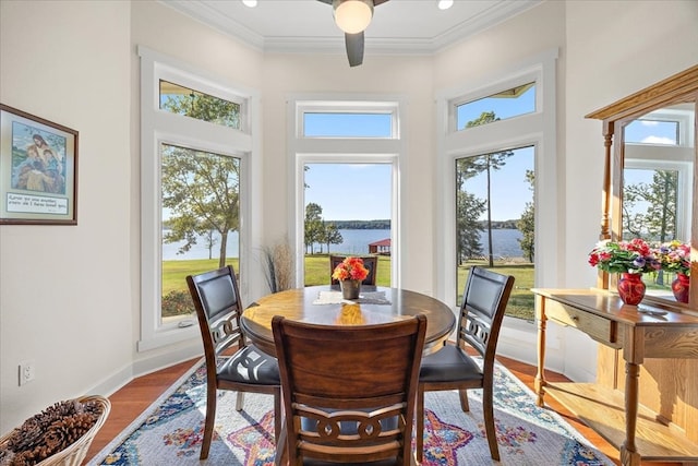 dining room featuring hardwood / wood-style flooring, plenty of natural light, and ceiling fan